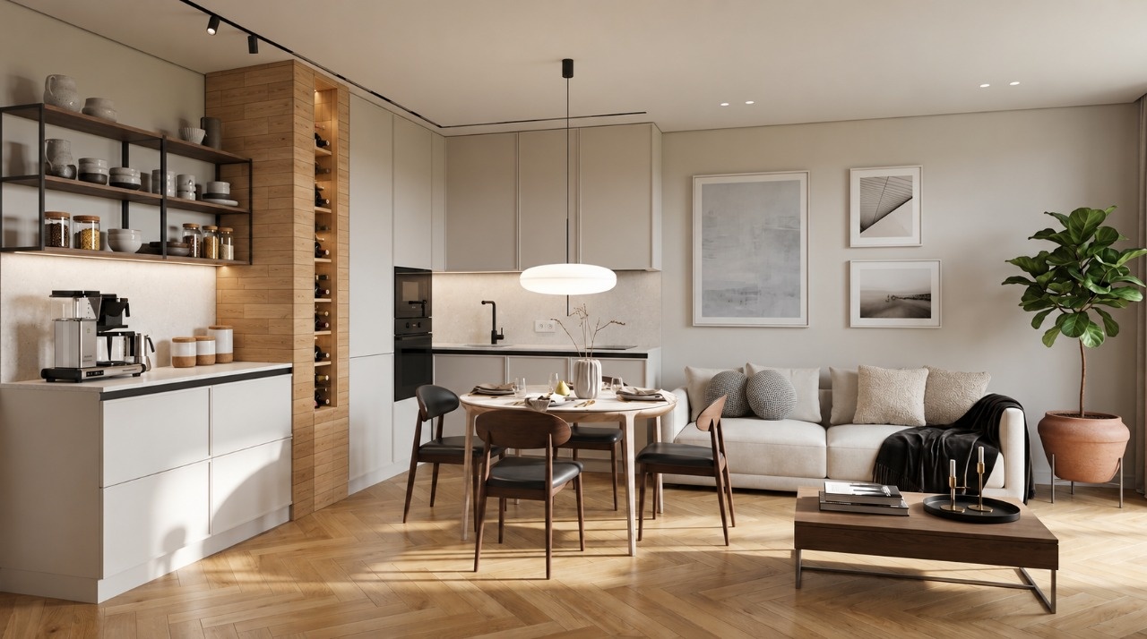 Современная кухня-гостиная в бежевых тонах с круглым обеденным столом, светлым диваном, дубовым полом «ёлочкой», панорамным окном и минималистичным декором.